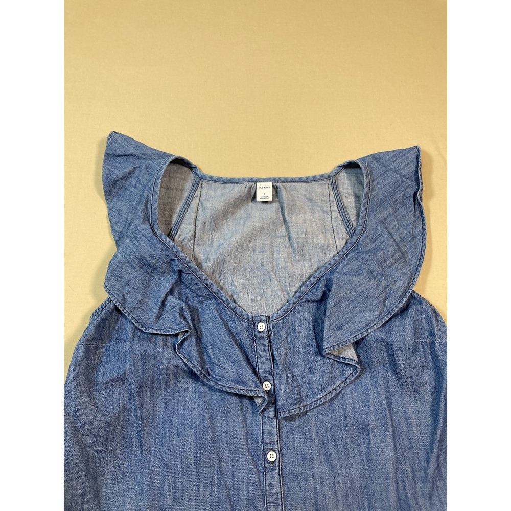 Old Navy Women's Blue Denim Ruffle Shirt Blouse Size Small 100% Cotton Romantic - Picture 3 of 7